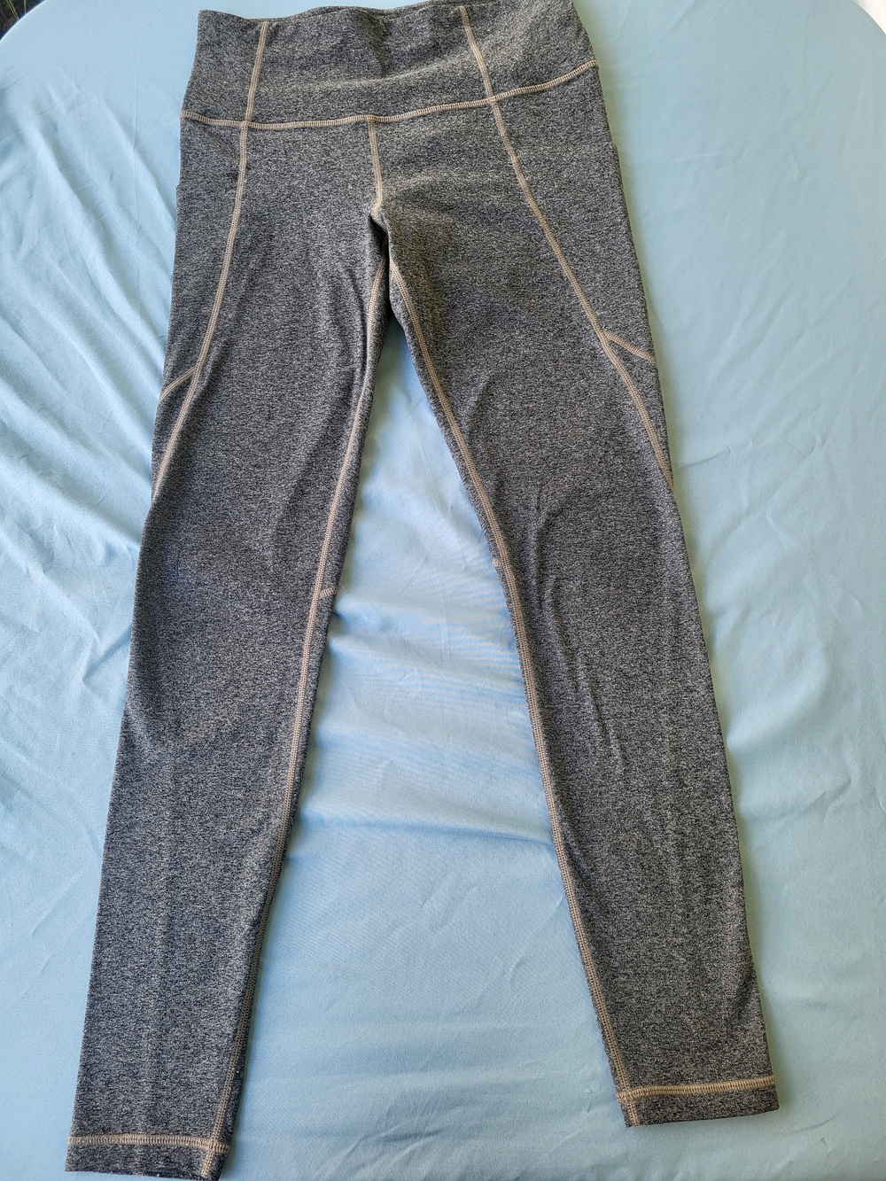 Athleta Heather Gray Leggings with Tan Contrast Stitching